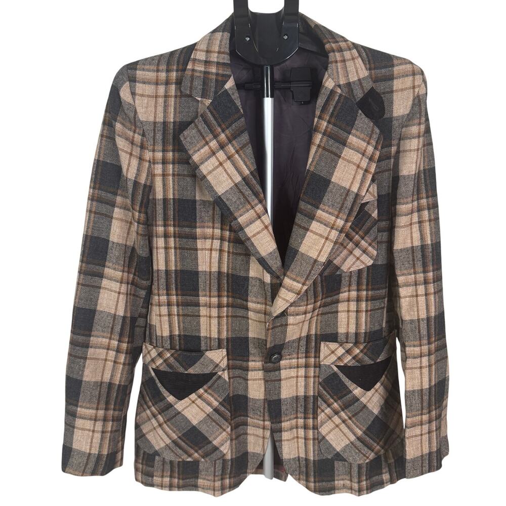 Vintage 1970s Plaid Tweed Blazer Corduroy Elbow Patches Dark Academia Professor